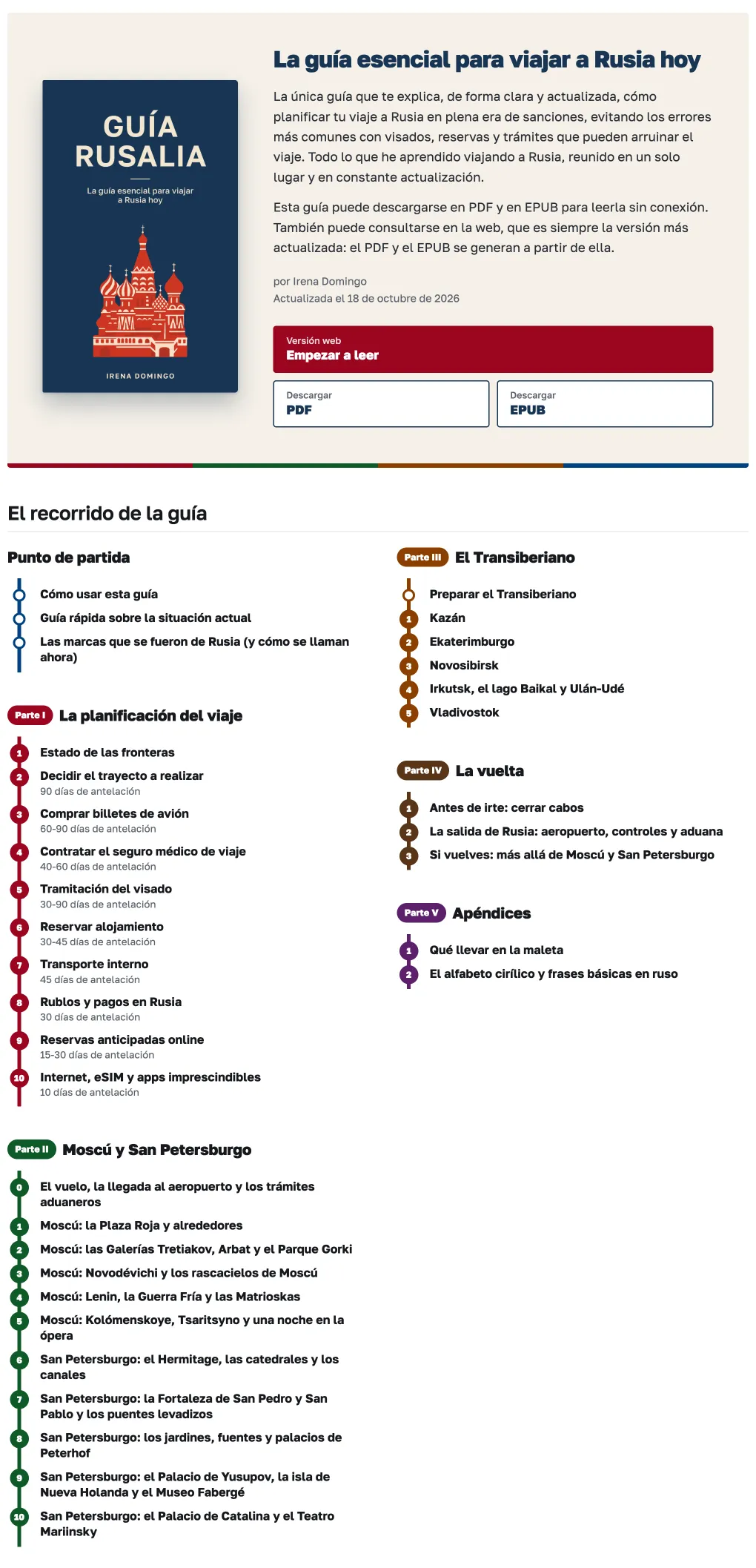 Portada de la versión web de la guía, con las descargas en PDF y ePUB y el recorrido completo: punto de partida y partes I a V