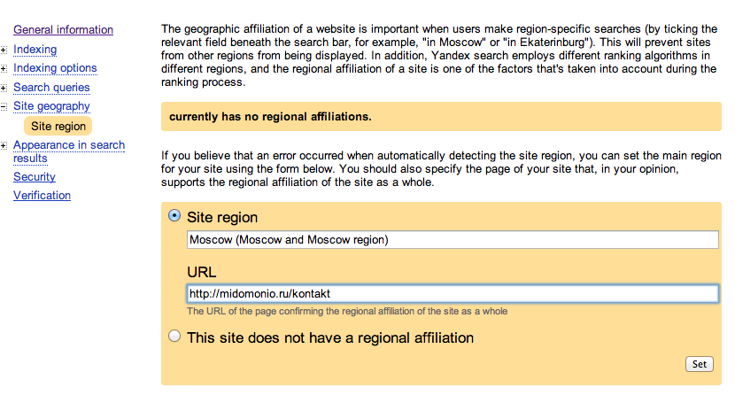Orientación geográfica en Herramientas de Yandex para Webmasters