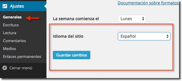 Cambiar idioma sitio web Español WordPress 4.0
