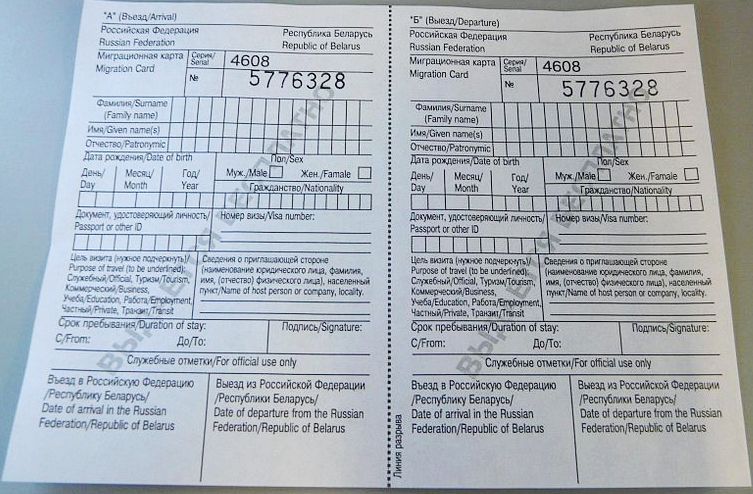 Immigration card in Russia