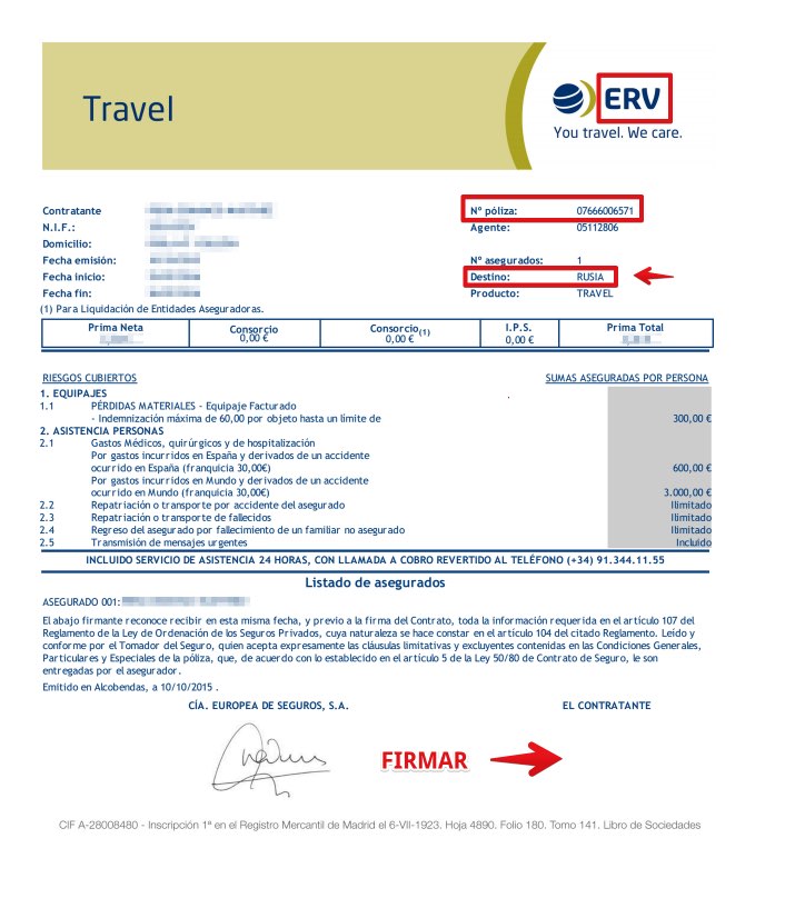 Seguro Viaje Rusia - Compañia Europea de Seguros - Documentación Póliza PDF online - Condiciones particulares