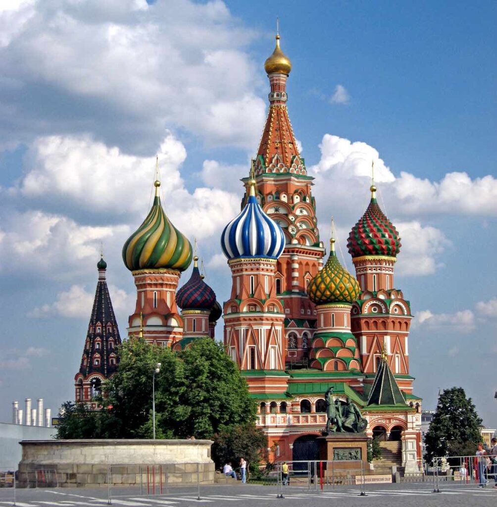 Close-up of the multicolored domes of St. Basil's Cathedral