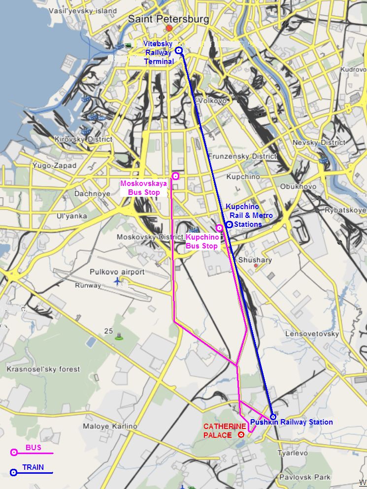 Mapa acceso Palacio Catalina desde San Petersburgo