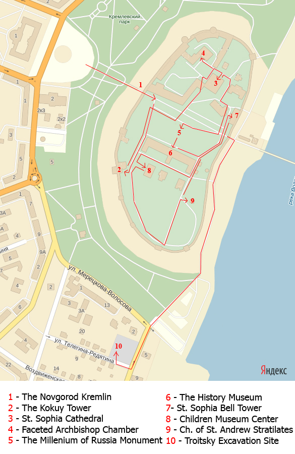 Map of route 1 around the Veliky Novgorod Kremlin