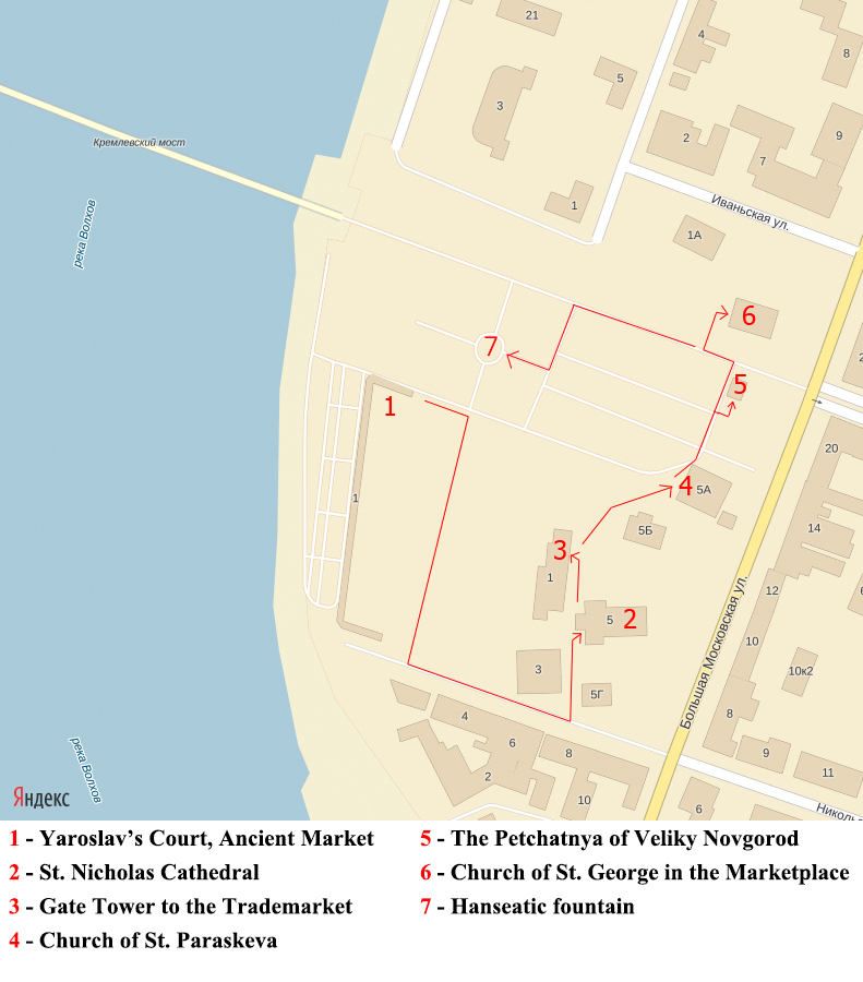 Map of route 2 around Yaroslav's Court in Veliky Novgorod