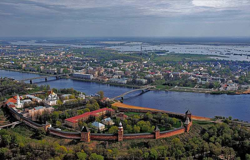 General view of Veliky Novgorod on the banks of the Volkhov River