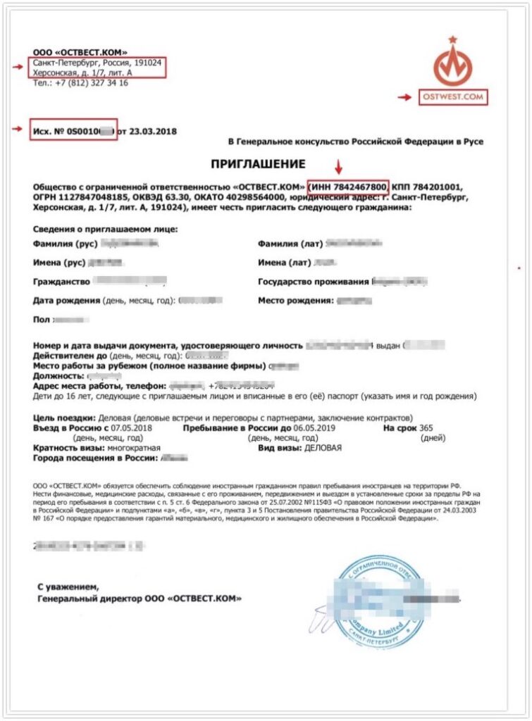 Ejemplo de carta de invitación de negocios a Rusia de una organización rusa acreditada