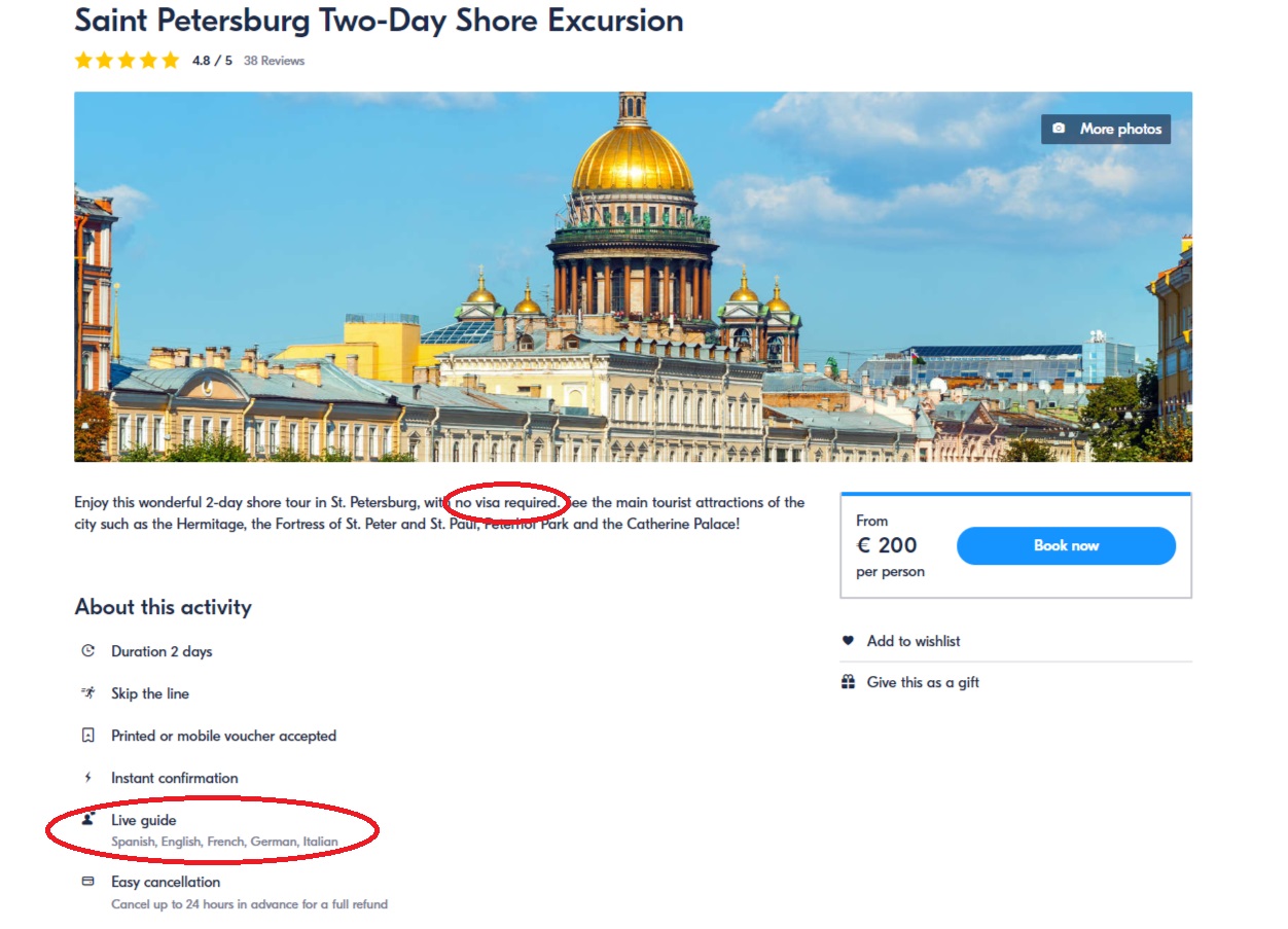 Excursion Saint-Pétersbourg pour les croisiéristes sans visa