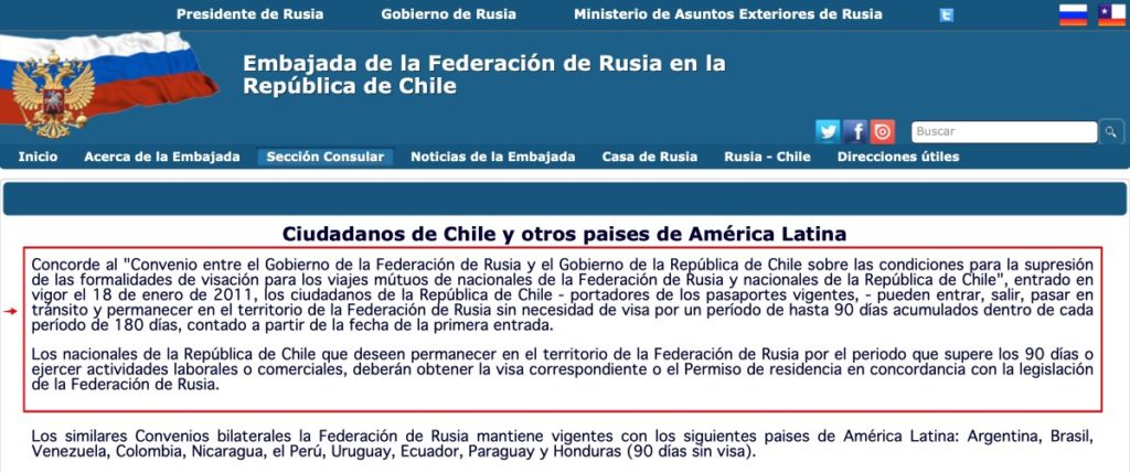 Embajada de la Federación de Rusia en Chile - Rusia sin visa desde Chile