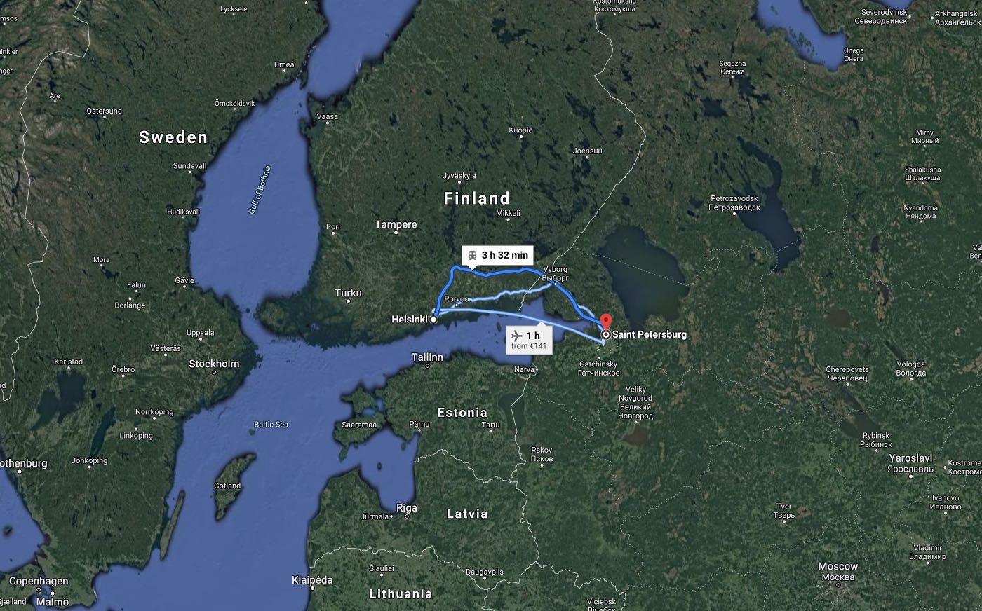 Helsinki Finlandia a San Petersburgo - Google maps