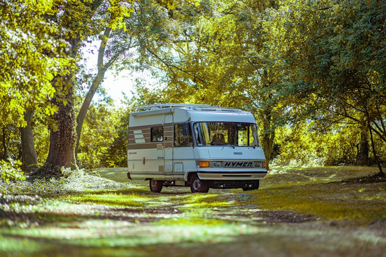 A camper van surrounded by lush green trees in a tranquil forest, perfect for outdoor enthusiasts in Russia