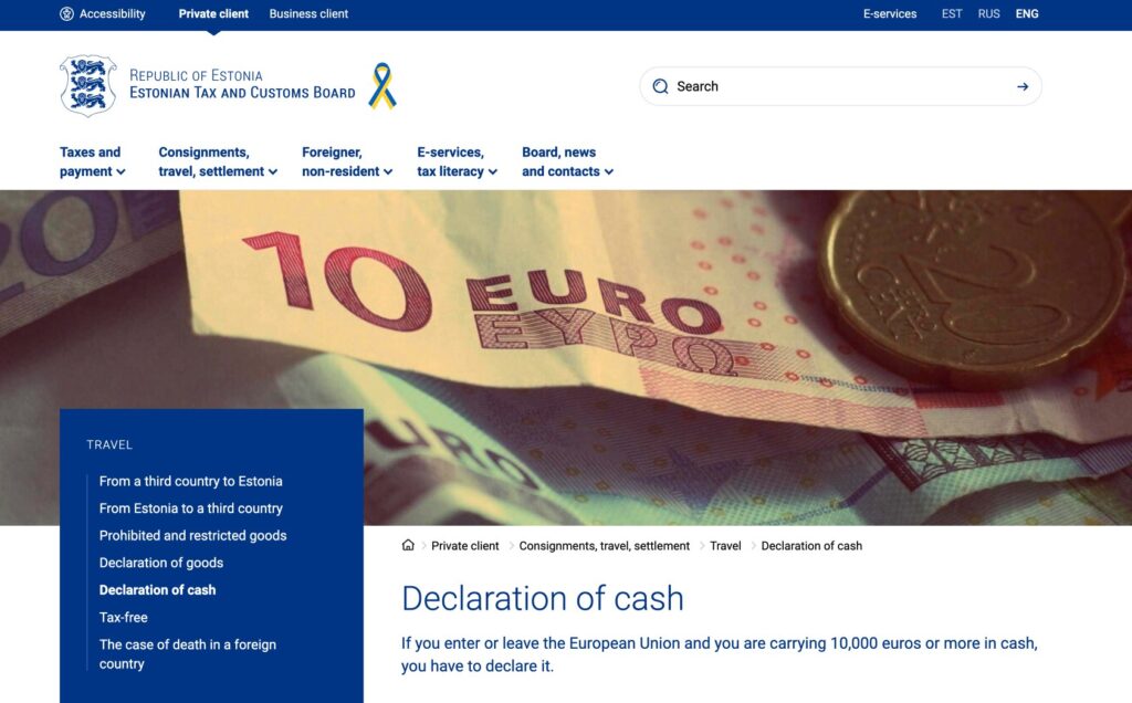 cash declaration at estonia russia border