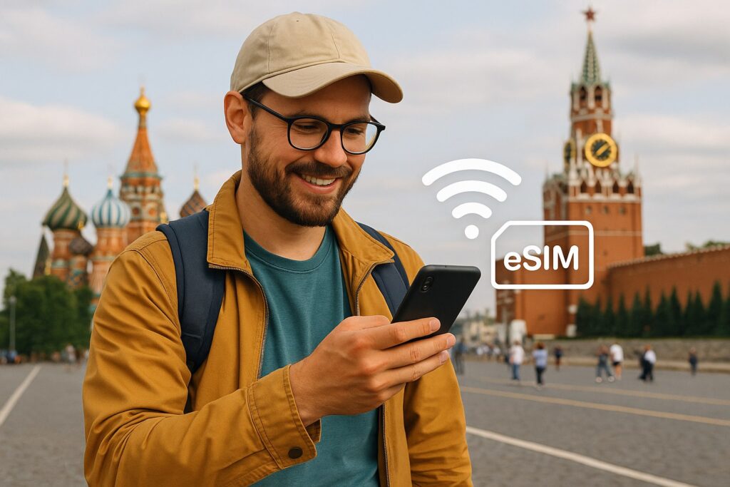 image of a tourist in Moscow Red Square using the internet via an eSIM
