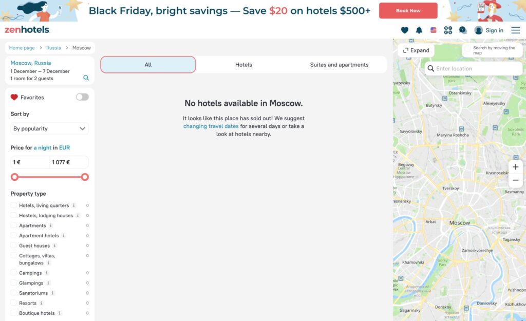 Zenhotels not showing hotels in Moscow or other Russian cities