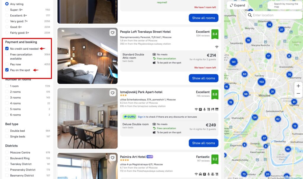 Ostrovok payment options: no card booking and pay at the hotel 2