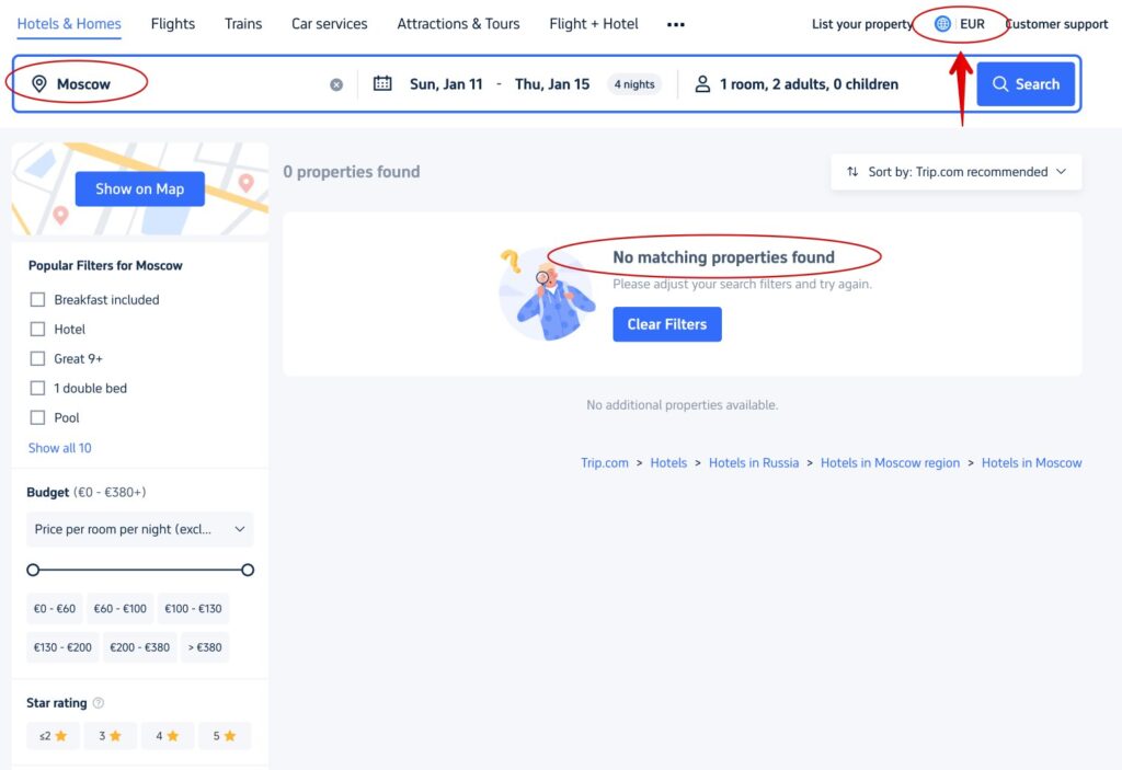 No hotel results in Moscow on the English version of TripHotels