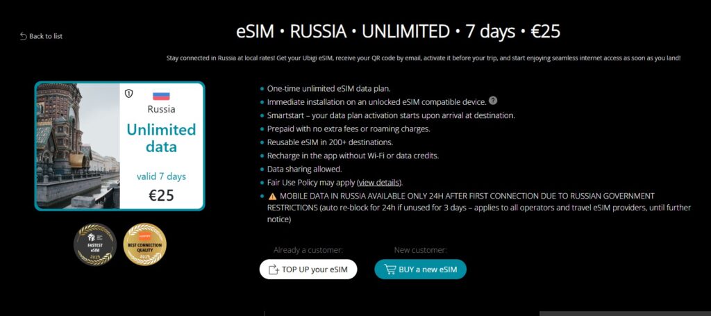 Russia esim - Ubigi - Mobile Data in Russia available after first connnection to Russian Goverment Restriccions - 24 hours