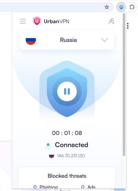 Επέκταση Urban VPN συνδεδεμένη στη Russia στο Chrome