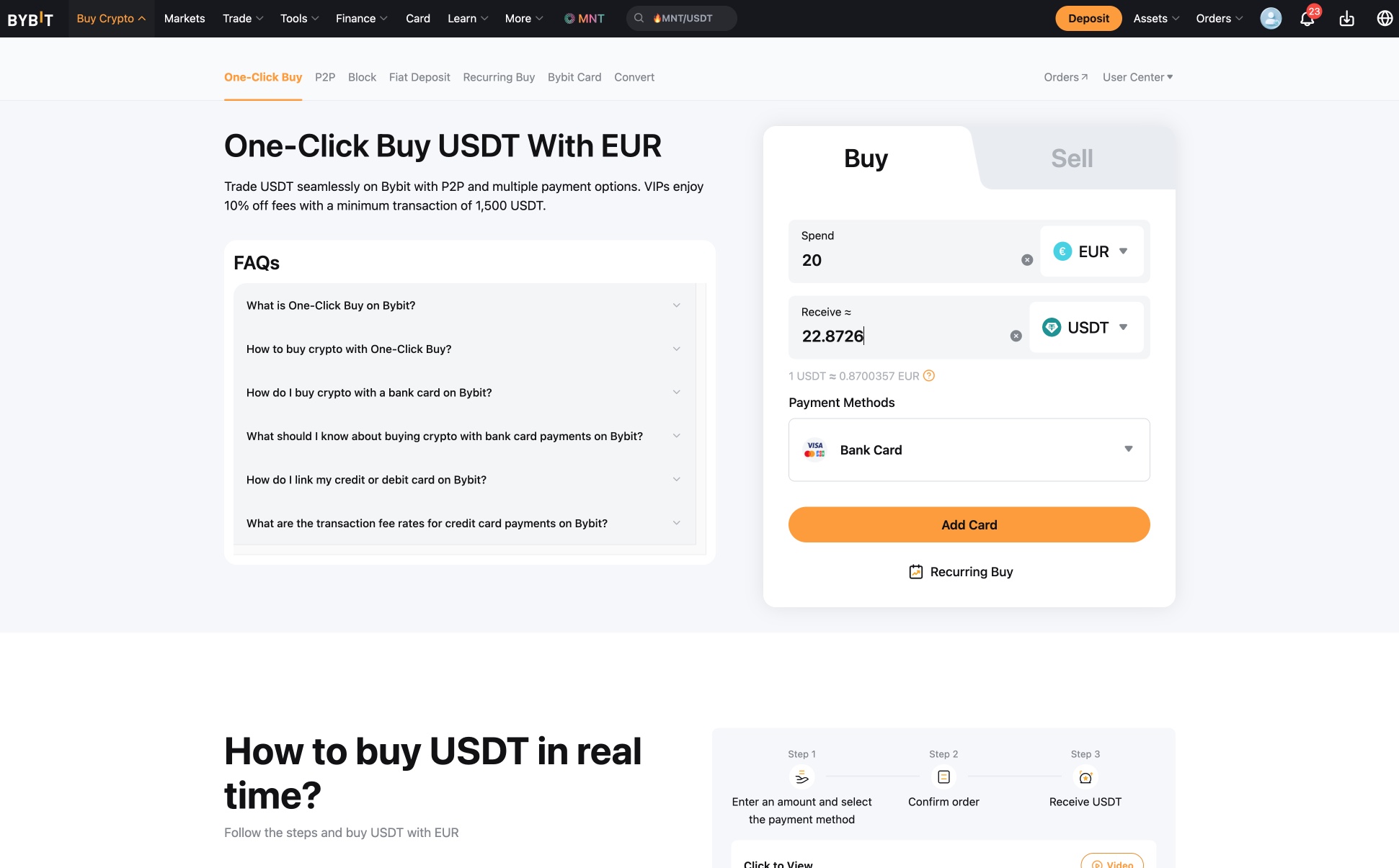 USDT mit Euro bei Bybit über One-Click Buy kaufen