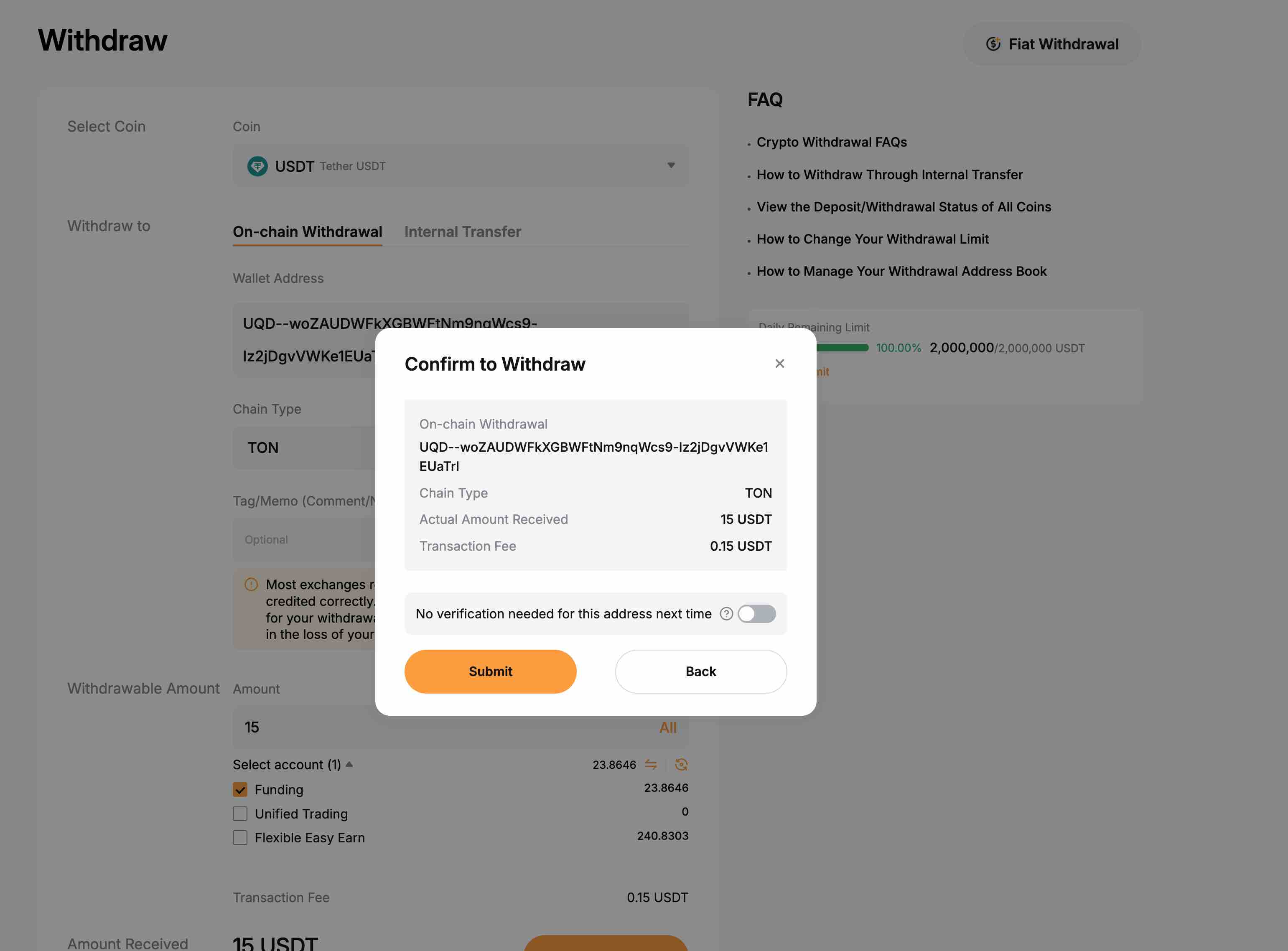 Abschließende Bestätigung der USDT-Auszahlung bei Bybit