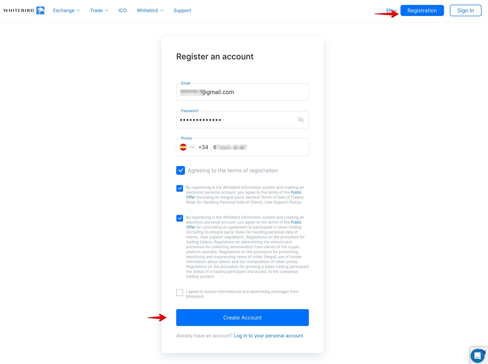 Registrierung auf der offiziellen Whitebird-Website