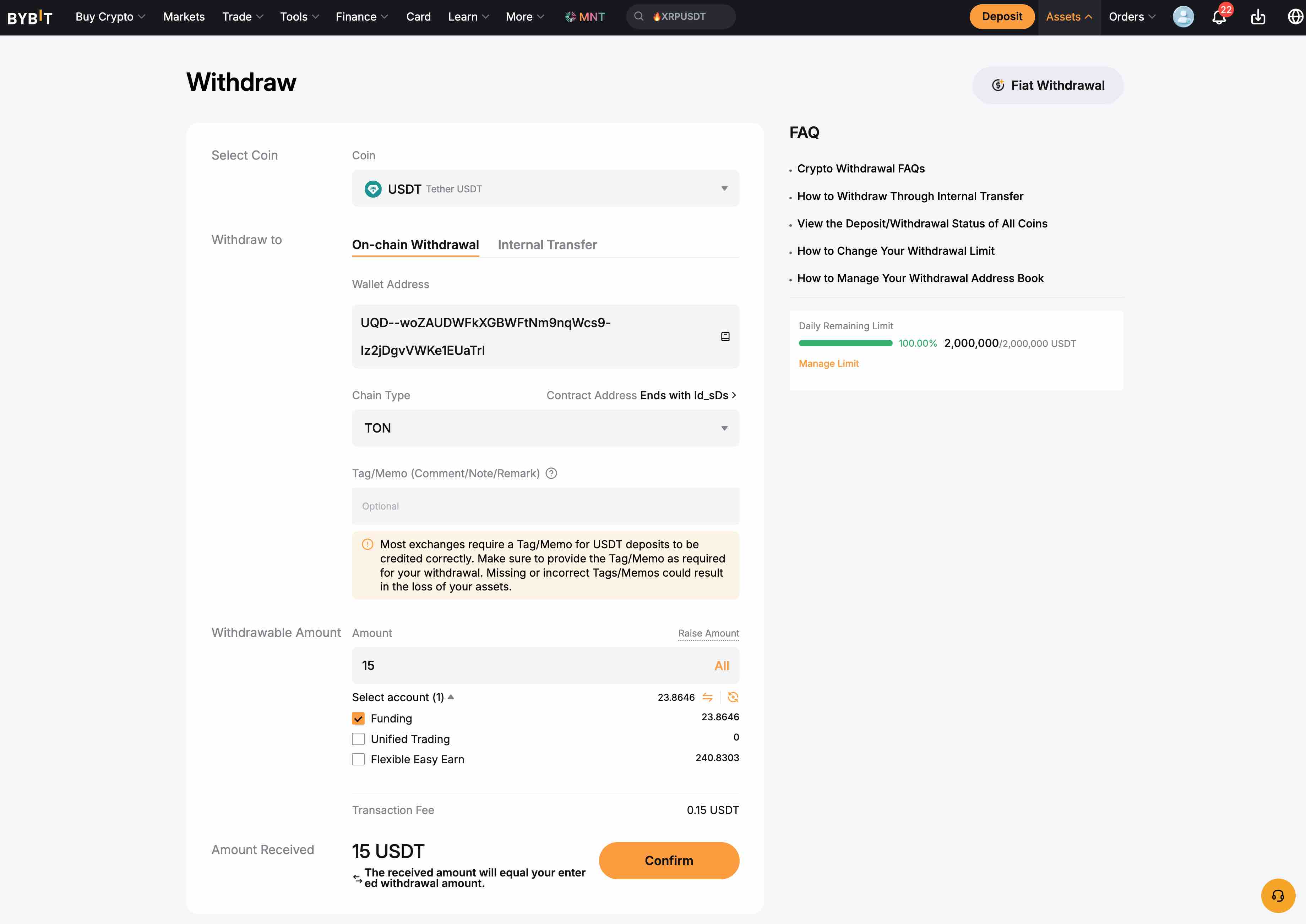 Überprüfung der USDT-Auszahlungsdaten bei Bybit