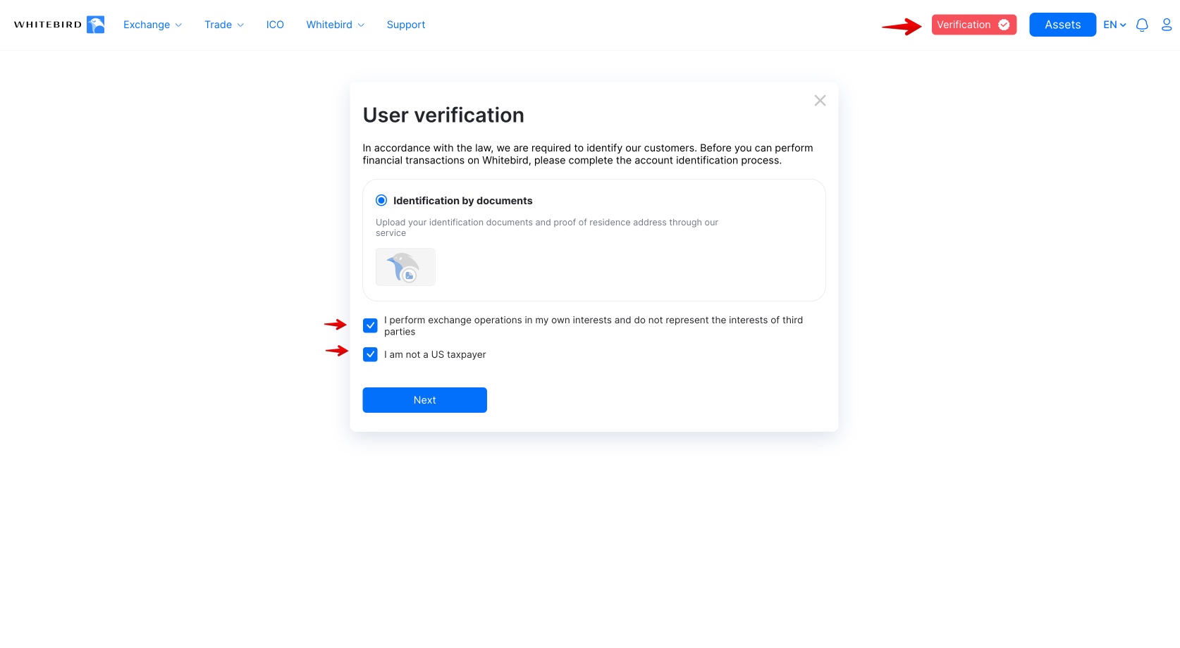 Beginn des Benutzerverifizierungsprozesses bei Whitebird
