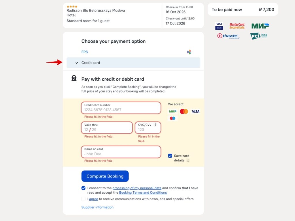 Ostrovoks betalingsside: vælg Credit card og ikke FPS for at betale med et udenlandsk MasterCard