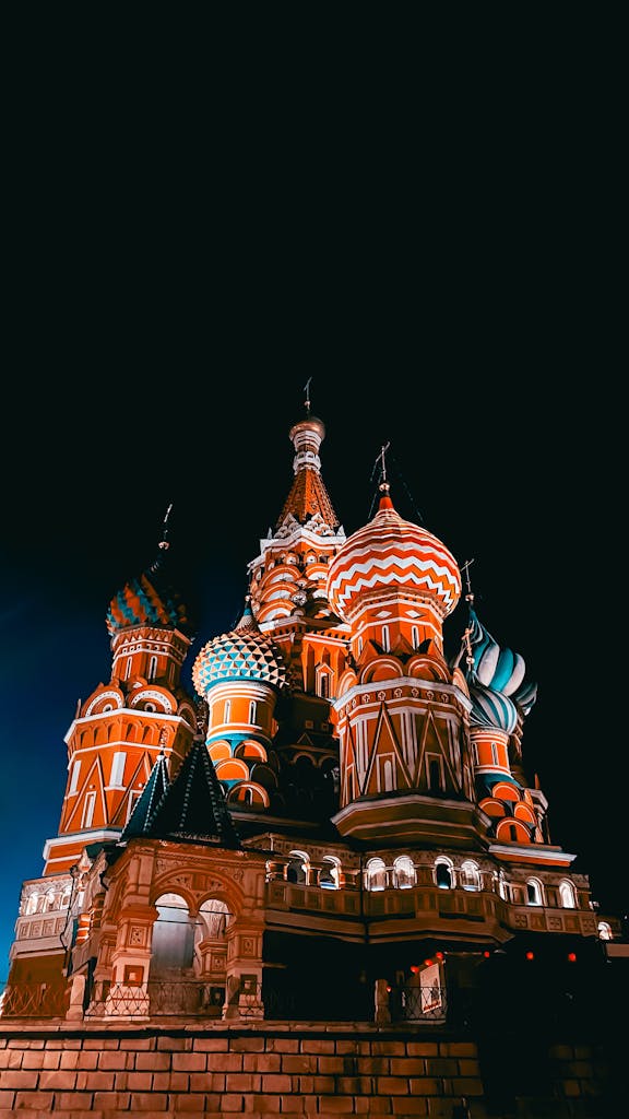 Stunning night view of St. Basil's Cathedral in Moscow, Russia, showcasing its iconic architecture.