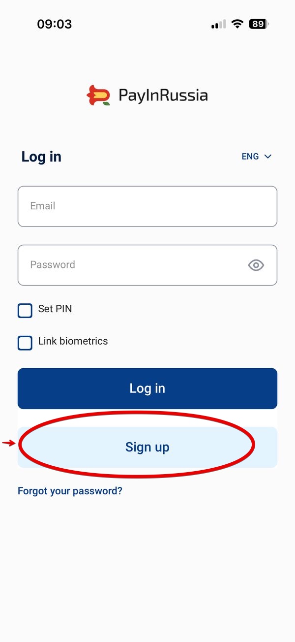 Ecrã de início de sessão do Pay in Russia: carregar em Sign up para se registar