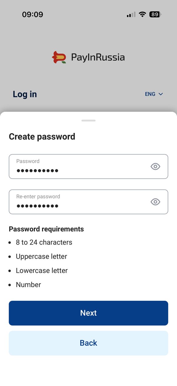 Criar a palavra-passe no registo do Pay in Russia