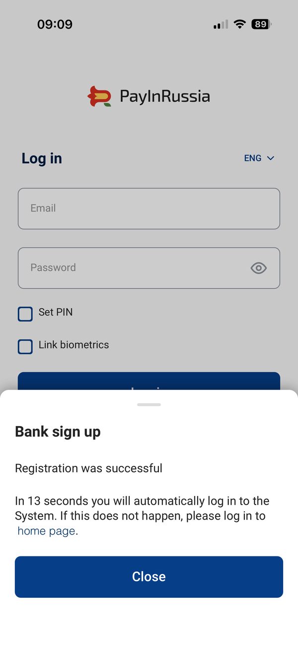 Registo concluído com sucesso no Pay in Russia