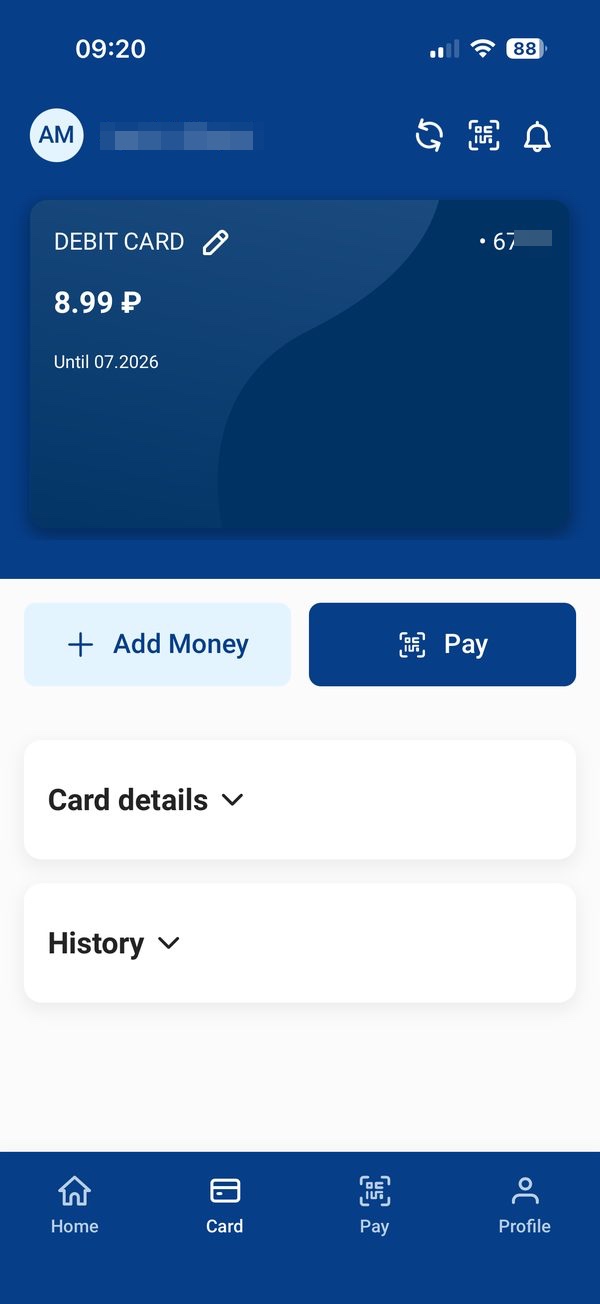 Cartão de débito Pay in Russia no ecrã principal