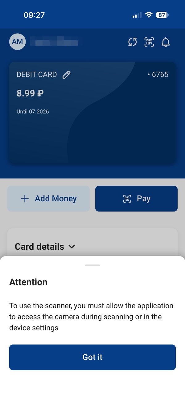 Aviso de permissão da câmara ao ler um QR no Pay in Russia