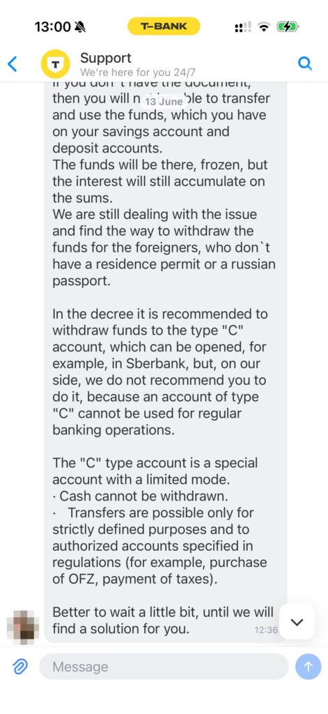 T-Bank message: frozen funds and warning about the type C account