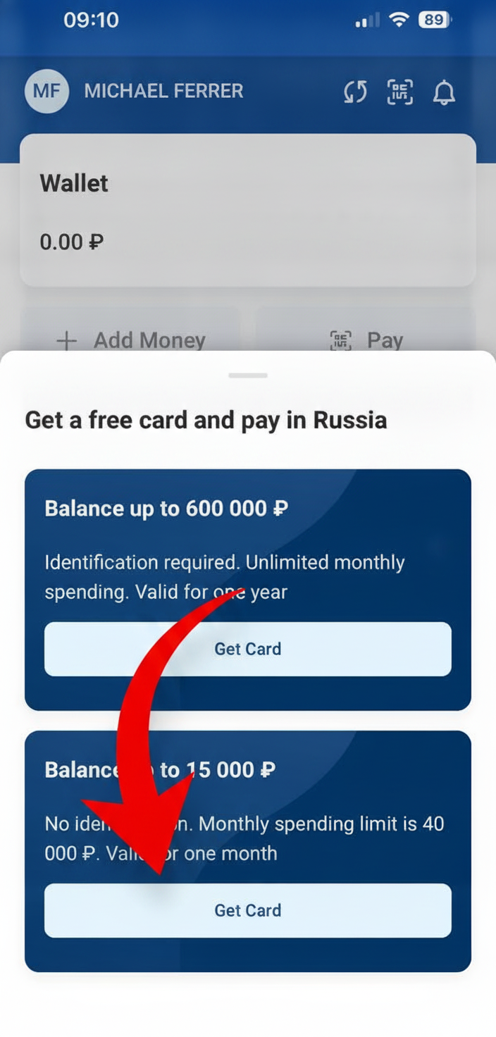 Escolher e criar o cartão virtual russo no Pay in Russia (botão Get Card)