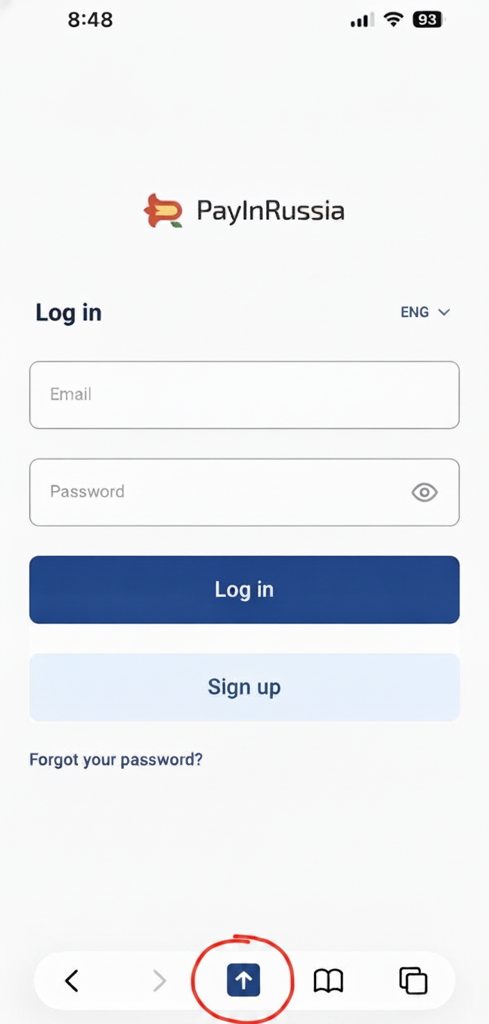 Botão Partilhar do Safari para instalar o Pay in Russia no iPhone