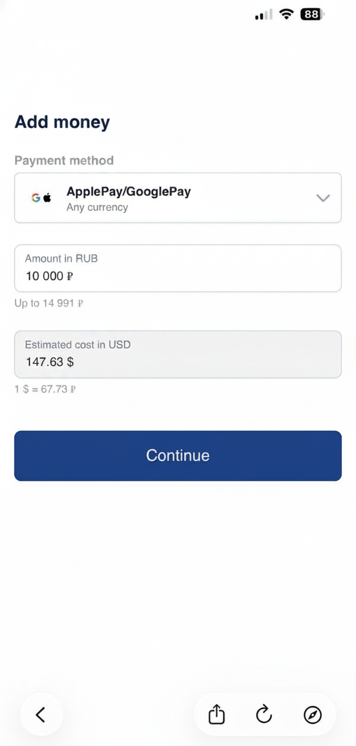 Carregar o cartão Pay in Russia com Apple Pay ou Google Pay