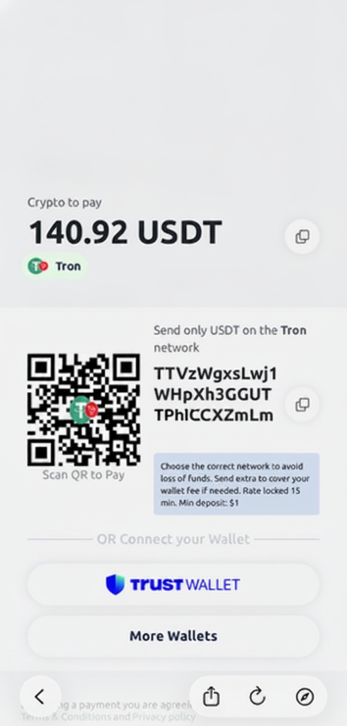 Endereço e código QR para enviar USDT pela rede Tron e carregar o Pay in Russia