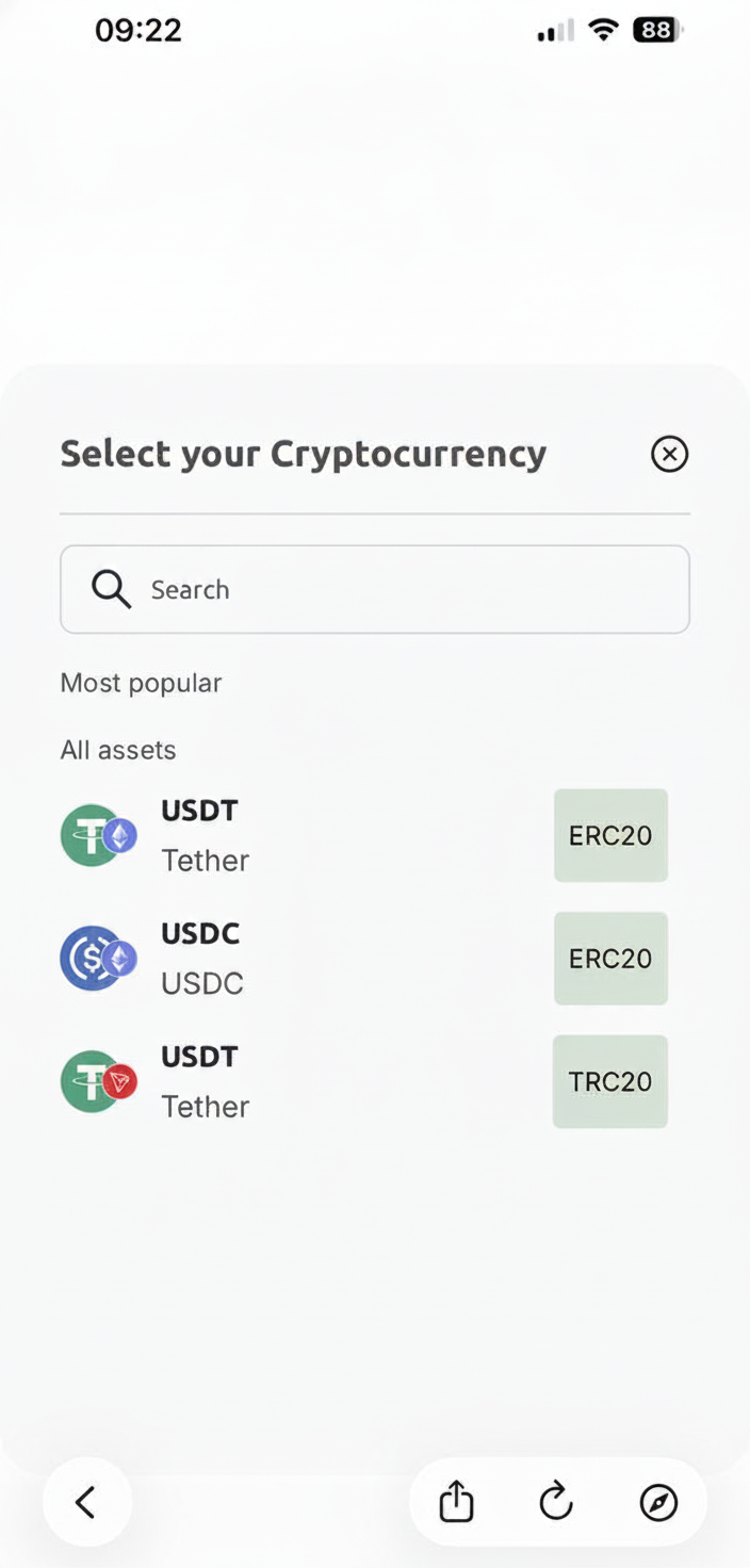 Escolher a rede TRC20 (Tron) para carregar o Pay in Russia com USDT