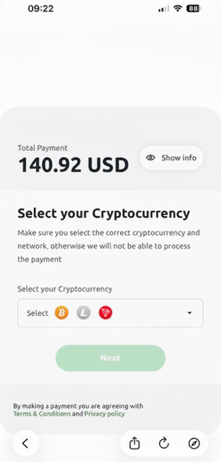 Selecionar a criptomoeda USDT para carregar o Pay in Russia