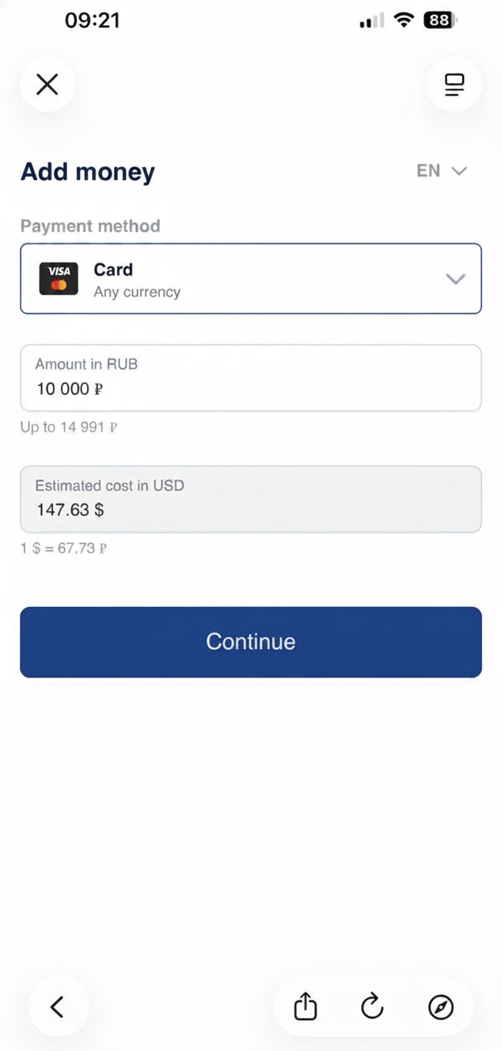 Carregar o cartão Pay in Russia com um cartão bancário