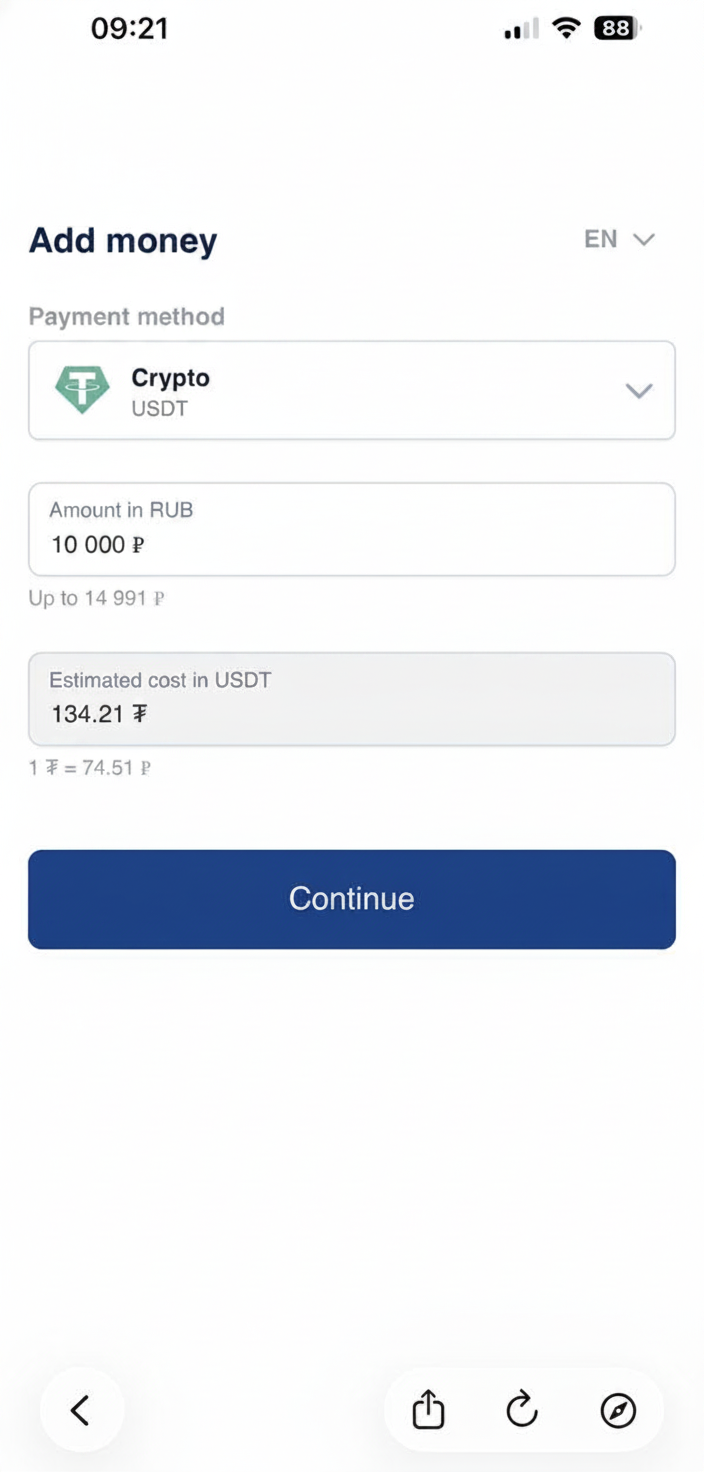 Carregar o cartão Pay in Russia com criptomoedas (USDT)