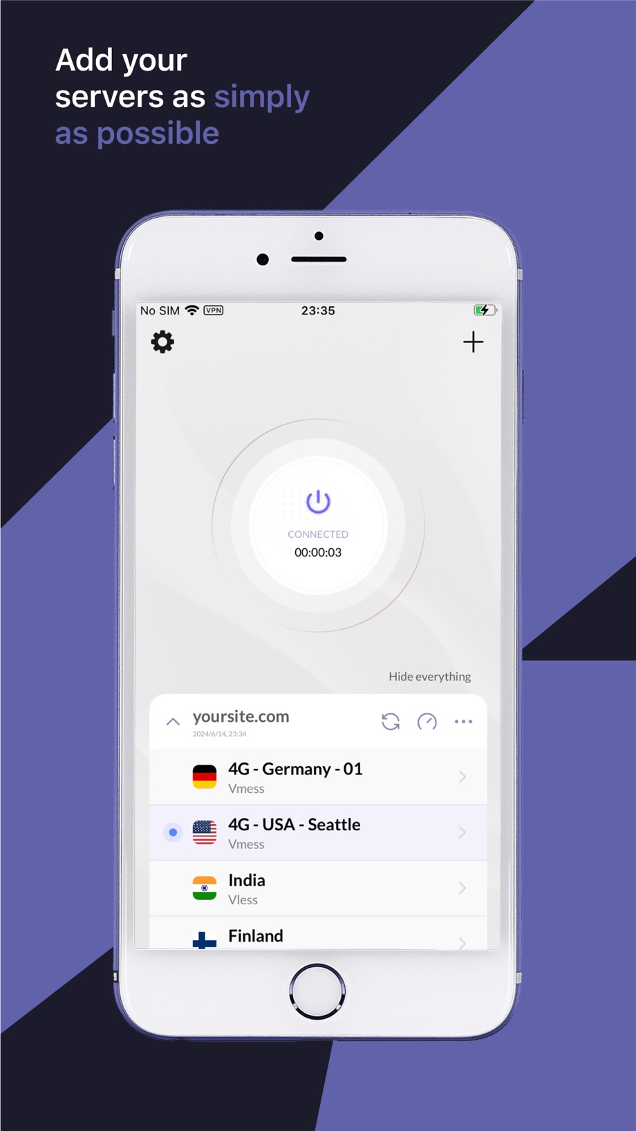 Happ connectée, avec l’abonnement ajouté et la liste des serveurs VLESS et VMess