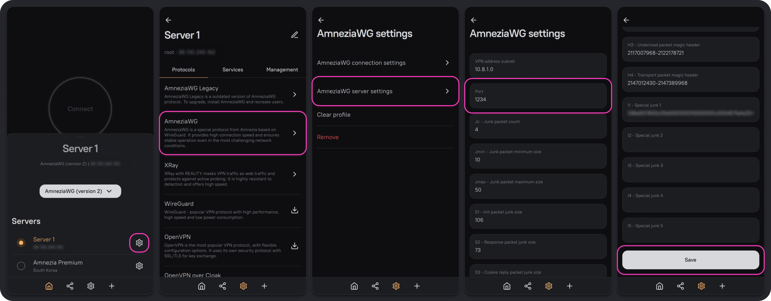 AmneziaVPN: ajustes del servidor, AmneziaWG server settings y cambio del puerto a 1234