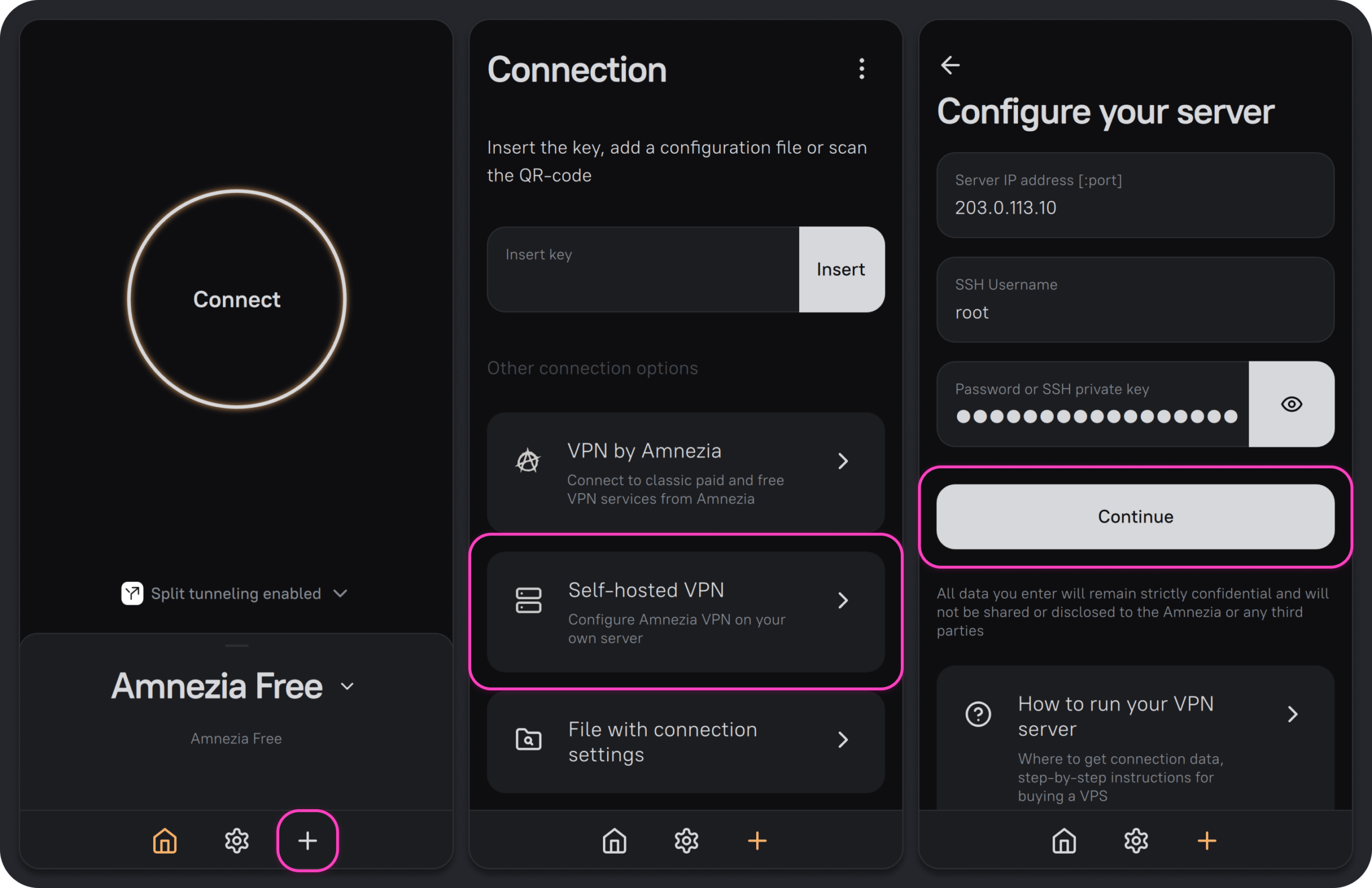 AmneziaVPN: botón más, opción Self-hosted VPN y pantalla Configure your server con IP, usuario root y contraseña