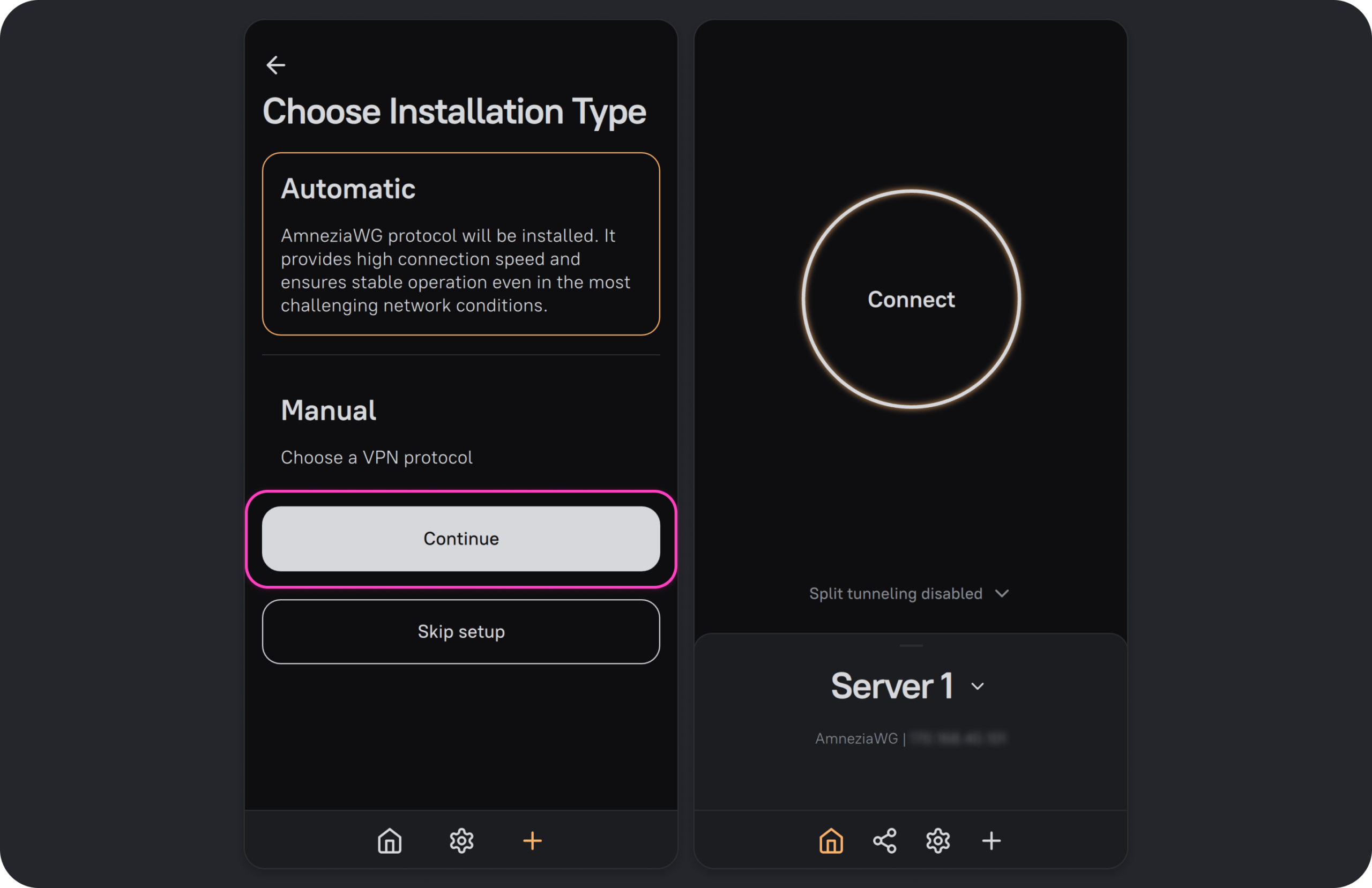AmneziaVPN: instalación automática con AmneziaWG y pantalla principal con el servidor listo para conectar