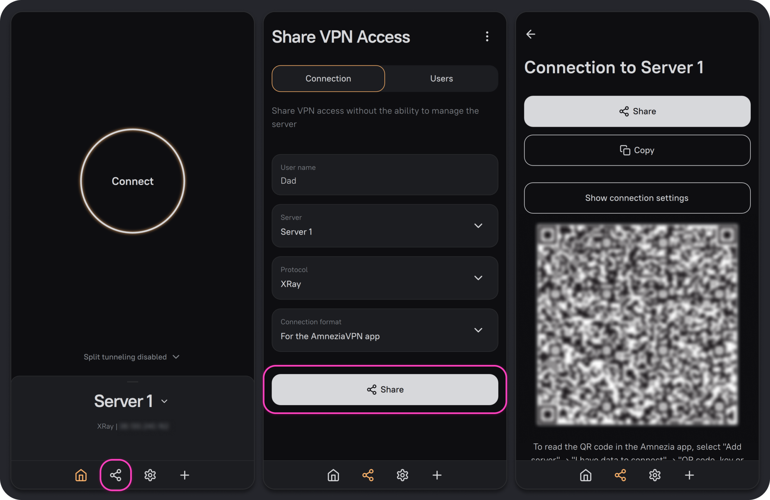 AmneziaVPN: icono de compartir, pantalla Share VPN Access con nombre, servidor, protocolo y formato, y la clave lista para copiar o escanear