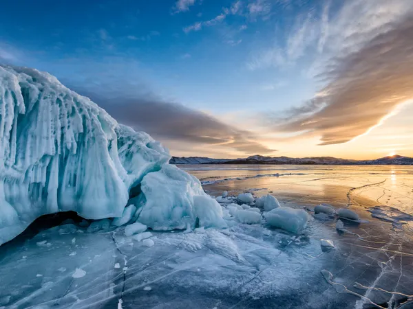 Lake Baikal ice at sunset