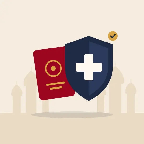 Shield with a medical cross next to a passport